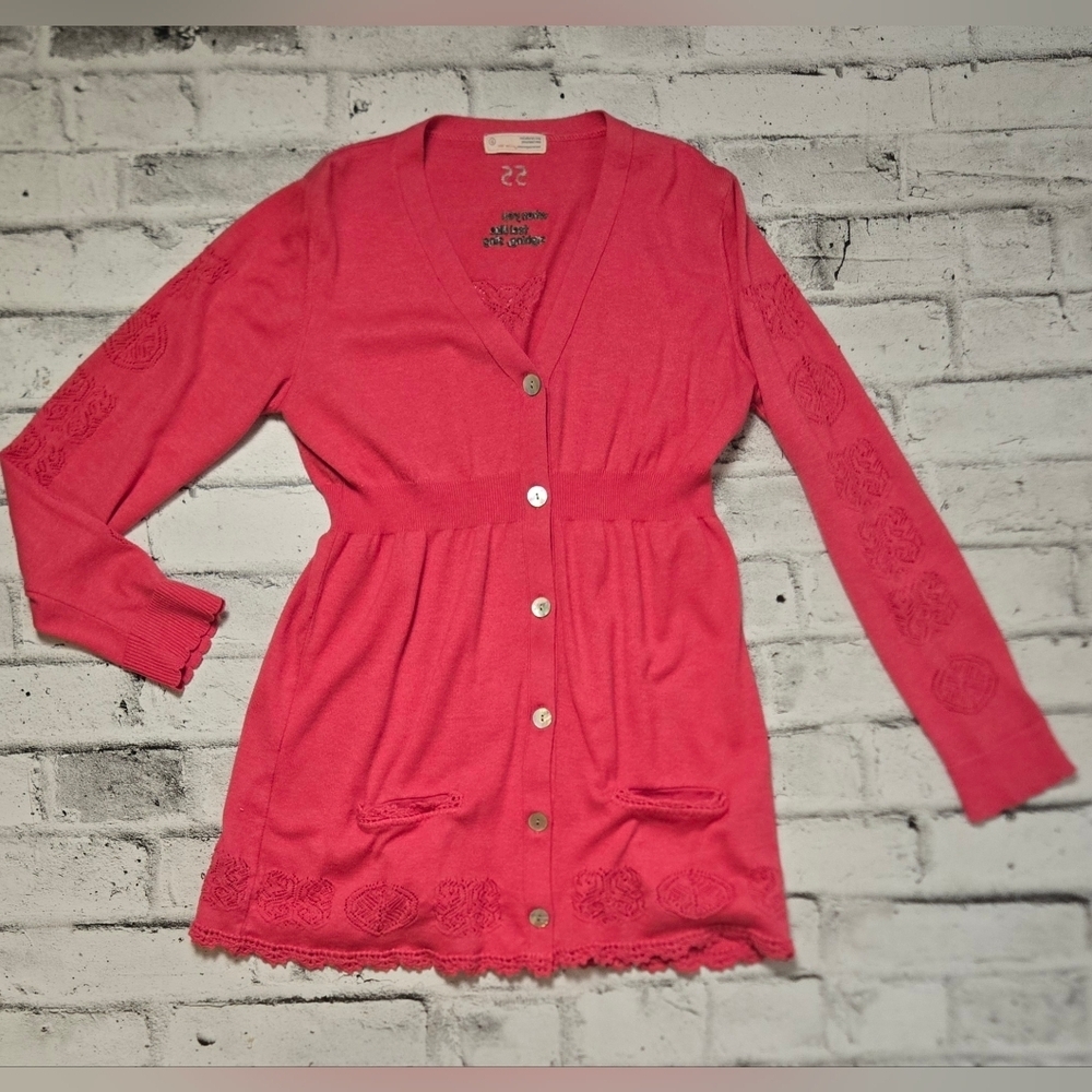 Odd Molly Embroidered Cardigan Tunic Pink Lace Trim Size 4 (Large)